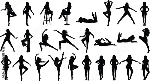 Woman silhouettes set, fashion model posing, dancing, sitting and lying figures, female body collection, cad drawing flat vector illustration.