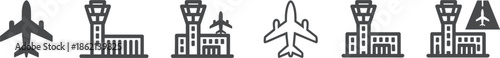 Airport Icons with Airplanes and Control Tower Buildings aircraft