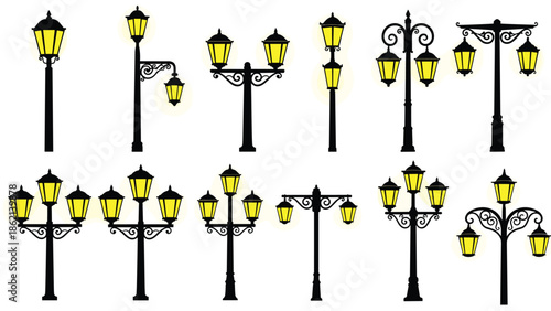 Vintage street lamp silhouettes collection, glowing yellow lanterns, decorative outdoor lighting designs, classic lamp posts vector illustration set isolated white