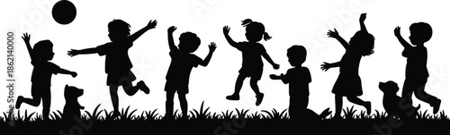 Children silhouettes playing together, happy kids jumping outdoors, childhood joy freedom black vector illustration scene