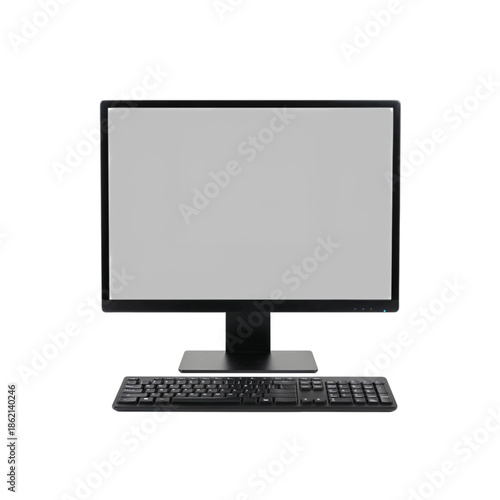 Modern flat screen computer monitor and keyboard isolated on transparent background