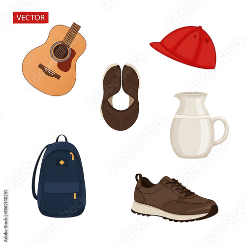 Colorful Vector Icons of Everyday Travel and Music Items