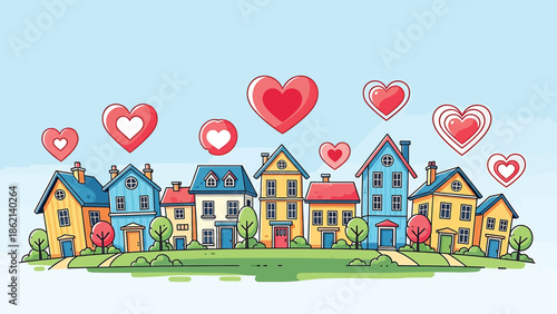 Colorful houses with red hearts above them on light blue sky 