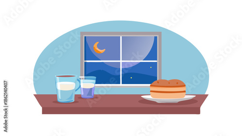 Vector scene of a pre-dawn meal (Suhoor) with tea, bread, and water, window showing the moon, early morning atmosphere.