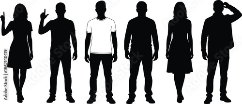 Group of standing people silhouettes, men and women vector figures, casual crowd isolated on white background, black human character illustration.