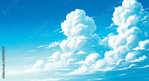 A vibrant blue sky filled with fluffy, bright white cumulus clouds.