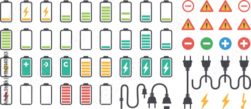 Battery Charge Level Icons and Power Symbols Set illustration vector