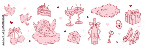 Romantic set for Valentines Day. Cupid angel on cloud, birds, cake, cherry wine, hearts and bow. Flat vector illustration.