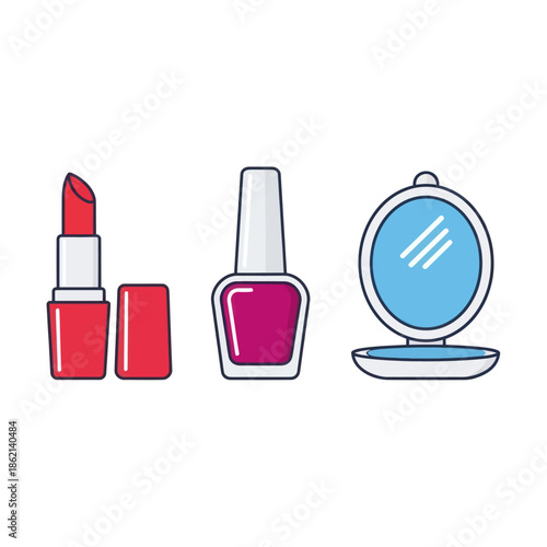 Cosmetic Essentials - Lipstick, Nail Polish, and Compact Mirror Illustration.
