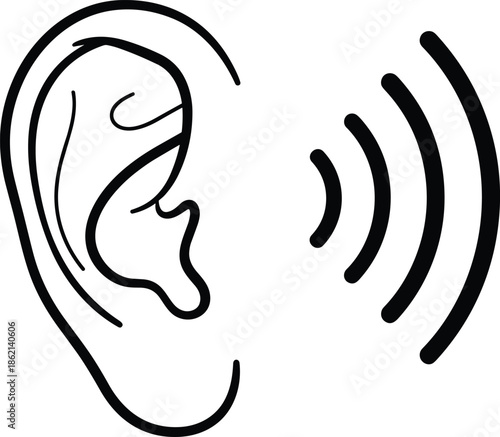 Human ear icon with sound waves, listening symbol vector, hearing test concept, audio volume sign, deaf aid logo, line art design.