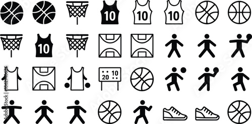 Basketball sport icons including balls nets jerseys players court shoes and scoreboard collection