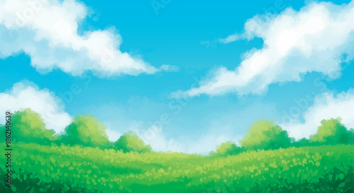 A vibrant landscape featuring a bright blue sky and lush green fields