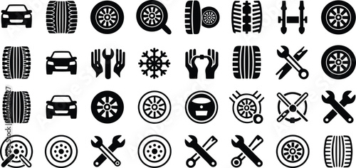 Car repair and maintenance icons with tools and tires Keywords: car, repair, maintenance, icons
