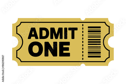 A golden admit one ticket with barcode for event entry or raffle