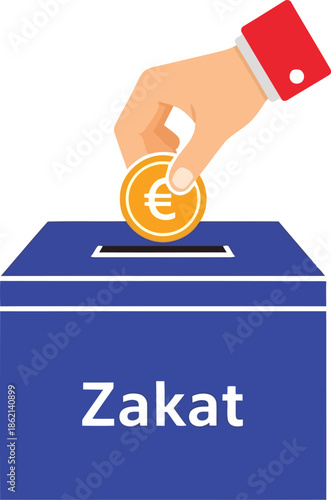 Zakat donation box with hand inserting euro coin   islamic charity giving