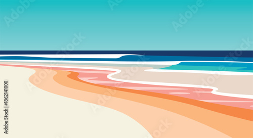 A minimalist depiction of a shoreline with waves and sandy beach