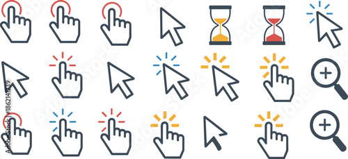 Collection of Cursor and Click Icons with Hourglass and Magnifying Glass mouse pointer