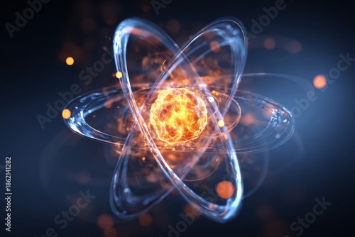 Abstract representation of atom with glowing electrons orbiting a vibrant nucleus in a dark cosmic background