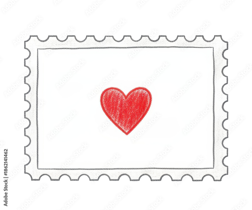 Fototapeta premium White Postage Stamp With Red Heart Center features simple rectangular outline with serrated edges for romantic mail and valentine delivery, isolated on transparent background, png.