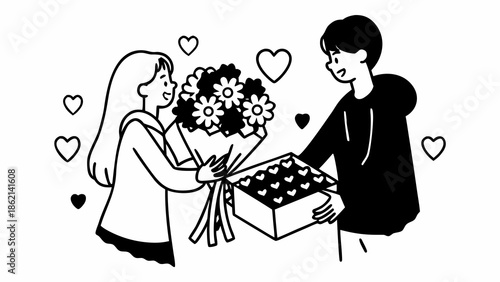 Man presenting woman with flowers and chocolates in a heartwarming gesture