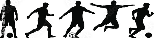 Soccer movement silhouette, black vector, kicking ball, running pose, athletic action, sports icon, fitness activity, graphic, illustration, footballSoccer movement silhouette, black vector