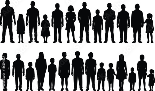 Standing people silhouettes, diverse adults children family group, human figures black vector illustration collection set