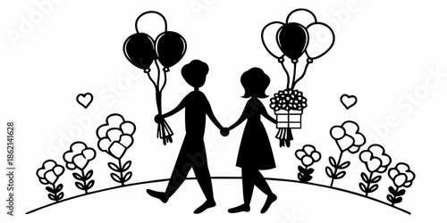 Couple walking together hand in hand surrounded by flowers and balloons on a serene hilltop