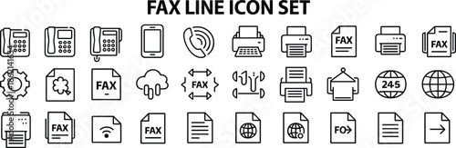 Fax line icon set with telephones, printers, and documents Keywords: fax, line, icon, set