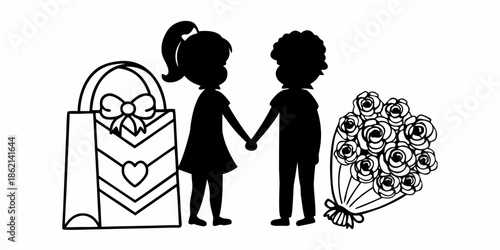 Couple holding hands with bouquet and gift bag standing together
