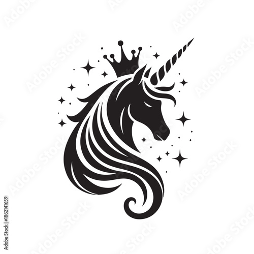 Unicorn silhouette logo with stars and magical design