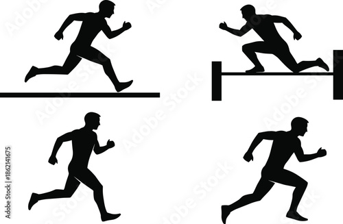 Running silhouette, black vector, athletic motion, sprint pose, hurdle jump, fitness activity, sports icon, track movement, graphic, illustrationRunning silhouette, black vector, athletic motion