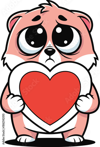 Emotional Cartoon Creature With Pleading Eyes Holding a Red Love Heart