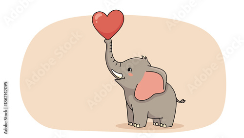 Adorable cartoon elephant holding a vibrant red heart in its trunk
