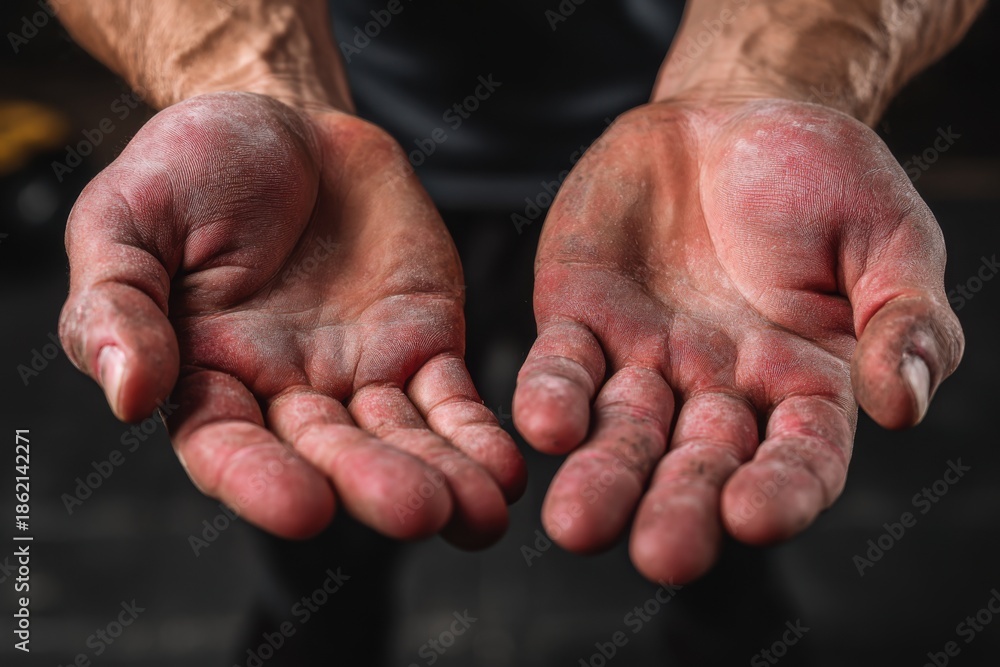 Fototapeta premium Hands are open and show calluses and chalk after lifting weights in a gym setting during evening hours