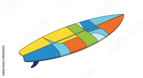 Vibrant Multicolor Surfboard Illustration with Segmented Pattern and Playful Design.