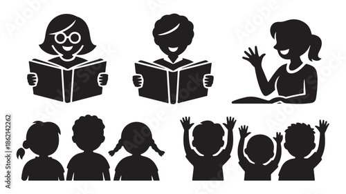 Teacher Reading Books to Children in Classroom Silhouette