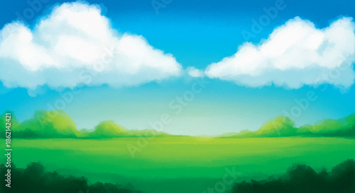 A serene landscape featuring a vibrant green field and fluffy white clouds