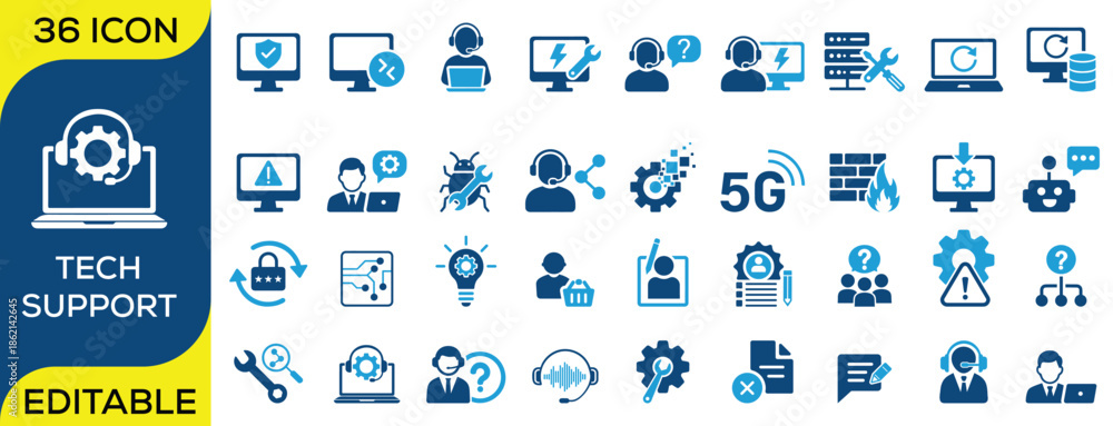 Fototapeta premium Modern IT support and technology icon set including customer service, cybersecurity, server management, cloud computing, 5G network, troubleshooting, data protection, and technical assistance. Flat ed