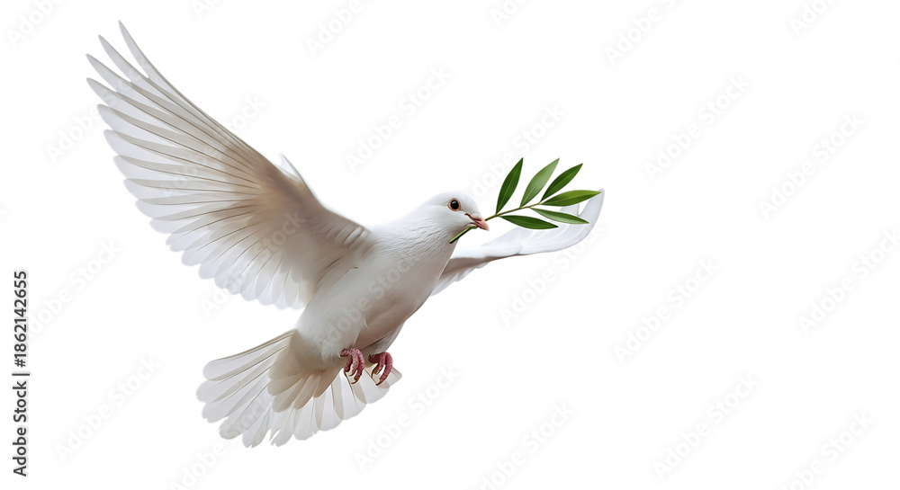 Fototapeta premium White dove carrying olive branch in flight