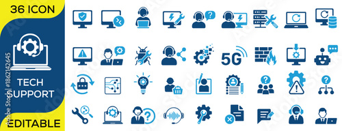 Modern IT support and technology icon set including customer service, cybersecurity, server management, cloud computing, 5G network, troubleshooting, data protection, and technical assistance. Flat ed