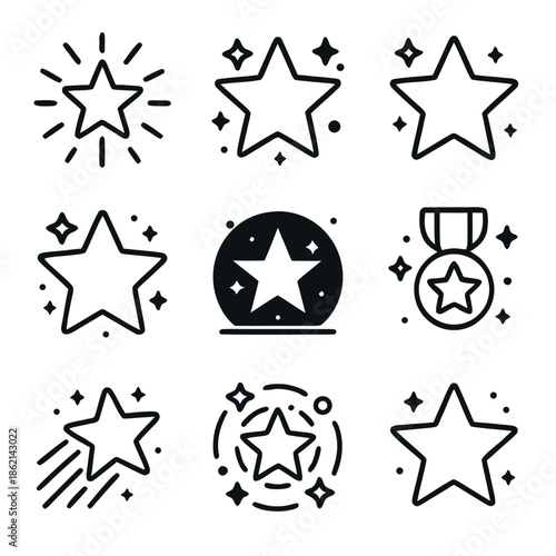 Black and white starthemed illustrations for various creative projects such as branding, posters, packaging, and stationery designs.