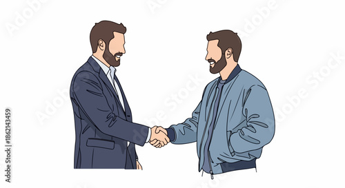 Two men business handshake against white background, symbolizing agreement and trust. Professional business handshake shows collaboration, one in suit, other in casual jacket.