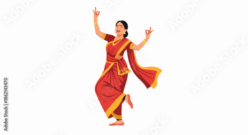 Indian dancer performing classical moves with graceful hand gestures and raised leg. This Indian dancer wears traditional red and gold sari, depicting cultural heritage with expressive pose.