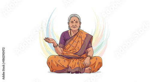 Illustration of Indian woman sitting cross legged with hand out, wearing traditional saree and jewelry. Smiling Indian woman with gray hair and bindi, surrounded by soft colorful light.