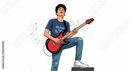 Dynamic electric guitar player performs, red instrument and foot on amplifier. Young electric guitar player showcases talent, powerful rock performance.