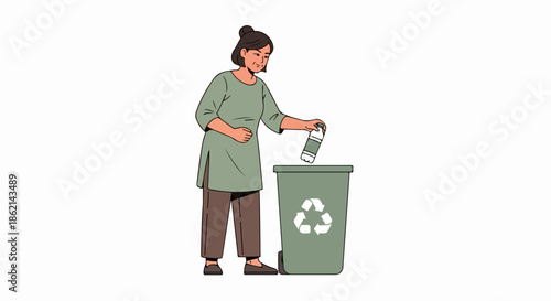 Animated footage depicts recycling waste, person dropping bottle into green bin. Illustration shows individual placing empty container into designated receptacle,