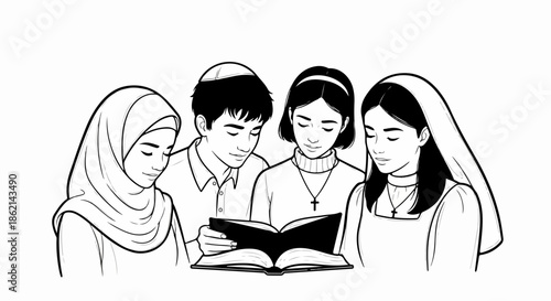 Young individuals practicing religious unity, reading sacred texts together, symbolizing interfaith dialogue and mutual understanding. Diverse group of students fosters religious unity,