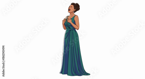 Elegant woman singing in flowing green gown, expressive gesture, standing isolated on white background. Solo woman singing performance for concert, theater, or musical event promotion.