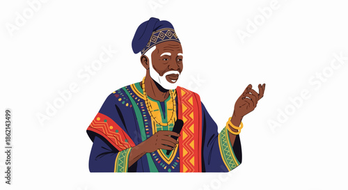 Illustration of elder man in traditional attire, headwrap, holding microphone. Elder man with white beard gestures, sharing stories, cultural wisdom. Engaging elder man for education, community,