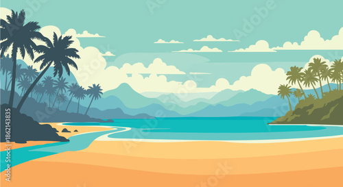 A serene tropical beach landscape with palm trees and distant mountains